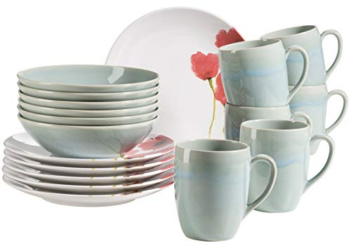 MÄSER 931927 Ossia Aguarela, porslinsset för 6 personer i delvis dekorerad vintagelook, 18-delars frukostset i keramik med frukosttallrik, flingskål och kaffekopp stor, vallmoblomma, stengods