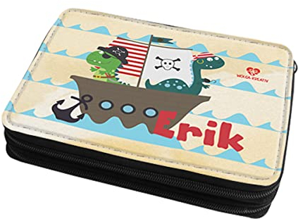 wolga-kreativ Federmäppchen gefüllte Federtasche Mäppchen Federmappe Dino Schiff Mäppchen Stiftemäppchen für Jungen mit Namen personalisiert bedruckt Schlampermäppchen