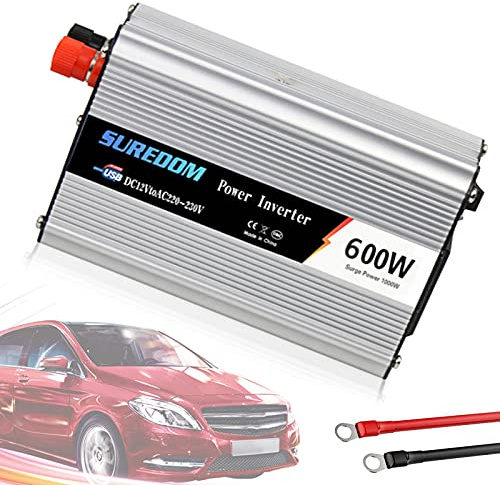 YNITJH Inversor Onda Pura,Transformador 300W/500W/600W/800W/1000W/1200W/1500W/2000W DC 12V A AC 220V,con Tomas y USB Encendedor de Coche,para Autocaravana en casa,12V/110V-600W