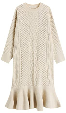 YTR6RTW Robe longue à volants en forme de queue de poisson pour femme - Style rétro - En tricot - Manches longues, abricot, Taille Unique