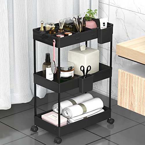 SPACEKEEPER Rollwagen mit 3 Ebenen, Nichenregal auf Rollen für Wäsche, Badezimmer, Küchenwagen mit 6 Haken und 2 Behälter, Schwarz