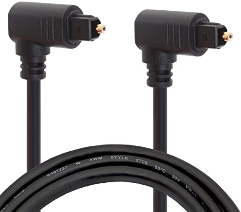 Tomost Câble à fibre optique à angle droit, double cordon Toslink audio à 90 degrés pour lecteur Blu-ray, barre de son, HDTV, PS3/PS4, Xbox, TV, DVD, haut-parleur (2 mètres)