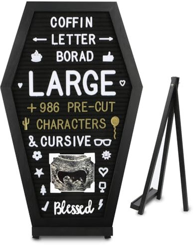Coffin Letter Board, Black Spooky Felt Changeable Letter Board Sign 17x10.5 inch with 986 Characters and Wooden Stand, Message Board Witchy Gothic Halloween Decor Gifts for Home Office Bistro School