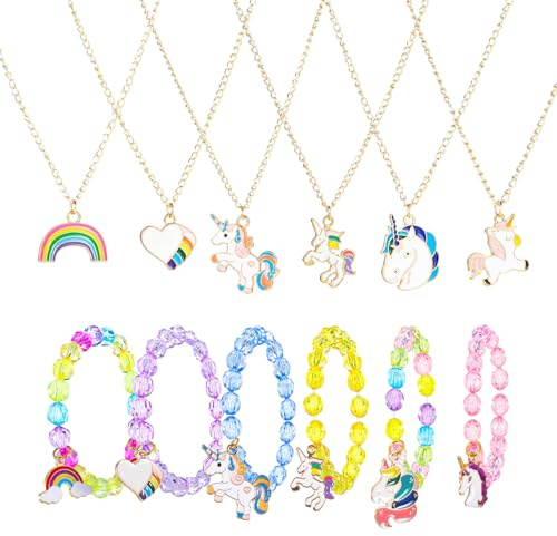 Pinenuts 12 Pcs Kids Jewellery Sets for Girls, Unicorn Bracelet and Necklace, Colorful Friendship Bracelets Rainbow Beaded Bracelet Necklace for Kids Girls Birthday Party Favors(Crystal style)