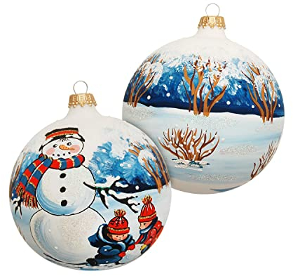 Krebs Glas Lauscha - Weihnachtsdekoration/Christbaumschmuck aus Glas - Weihnachtskugel - Motiv: Junge und Mädchen Bauen einen Schneemann - Größe: 10 cm