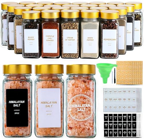 JARXSUN Glass Spice Jars with Label, 48 Pcs Spice Jars with Shaker Lids-4 oz Gold Spice Seasoning Jars Bottles Containers Set for Spice Rack (48)