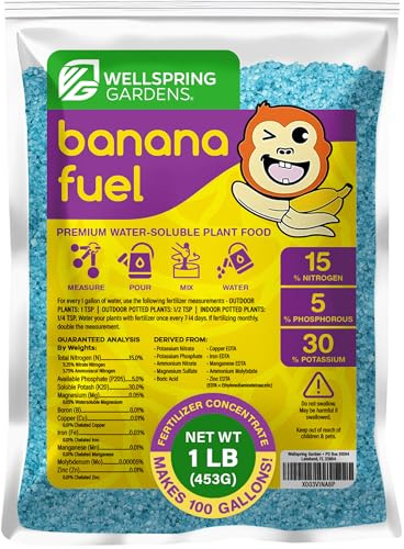Wellspring Gardens Banana Fuel Fertilizer - Water-Soluble 15-5-30 Blend - Banana Plant Fertilizer - Plant Food - Formula for Banana Trees & Plants - Grow Healthy and Happy Plants (1 Pound)