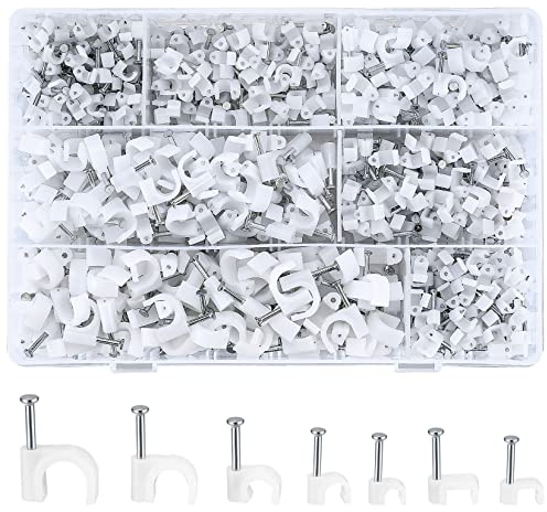 woshilaoDS 700 Pcs Cable Clips with Steel Nails, Cable Wire Cord Management Clips, White Ethernet Cable/Coax Cable/Cable Cord Holder Staples Clips with Tacks Nails for Wall, 4mm 5mm 6mm 8mm 10mm