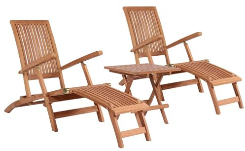 MR. DEKO Gartenmöbelset Teak Deckchair Yacht & Beistelltisch Devon | 2X Luxus-Sonnenliege Massivholz | Zertifiziertes Plantagen-Teak Unbehandelt | Gartenliege-Set Verstellbar | Outdoor-Set Natur-Holz