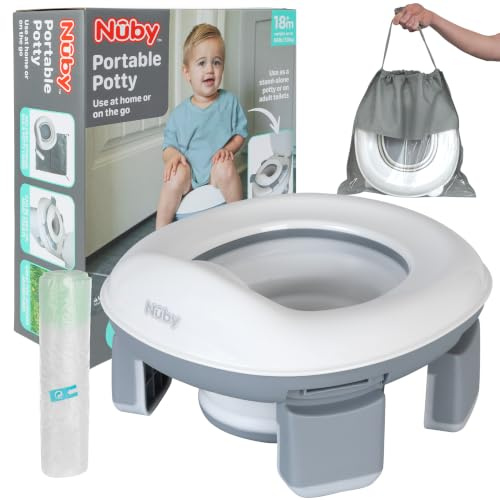 Nuby - Pot Bébé de Voyage Portable - Design 2 en 1 Adaptable sur Toilettes ou Utilisation Autonome - Protection Anti-Eclaboussures et Sacs Jetables - Gamme Pot Enfant Apprentissage de la Propreté