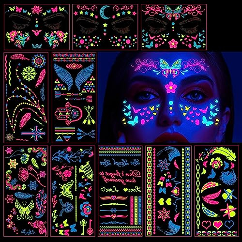 BETESSIN 10Blatt Temporäre Neon Tattoos Schwarzlicht Gesichtstattoos UV Körper Gesicht Tattoos Aufkleber Fluoreszierend Klebetattoos für Neon Party Halloween Karneval Cosplay Musikfestival