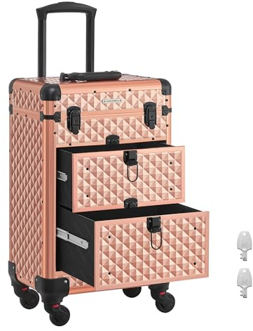 SONGMICS Valise de Maquillage Professionnel, Mallette Cosmétique, avec 2 Tiroirs, Grand, 34 x 24 x 56 cm, Roulette Pivotante à 360°, Voyage, Manucure, Maquilleur, Coiffure, Doré Champagne JHZ008A01