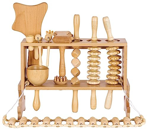 Meifuly 13 in 1 Wood Therapy Massage Tools with Luxury Storage Shelf, Complete Maderotherapia Wooden Massager Kit for Body Shaping, Lymphatic Drainage, Muscle Pain Relief, Anti-Cellulite