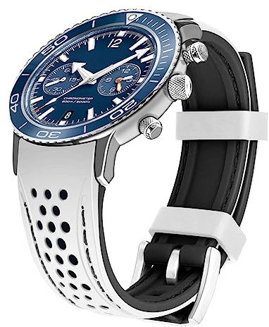 Kai Tian Durable Two Tone Silicone Curved Ends 20mm Racing Sport Rubber Watch Bands Strap White(Black Stitch) for Men Women