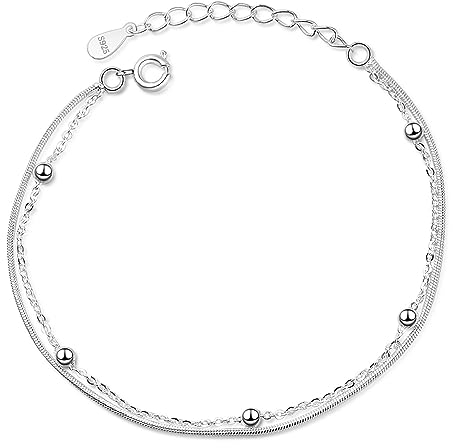 Hmzidz 925 Sterling Silber Doppelschichtiges Armbänder Damen,Perlen für Armband Silber,Dünn Kugelarmband Silber Frauen Mädchen,Charm Bettelarmband für Freundin(16cm+3cm)