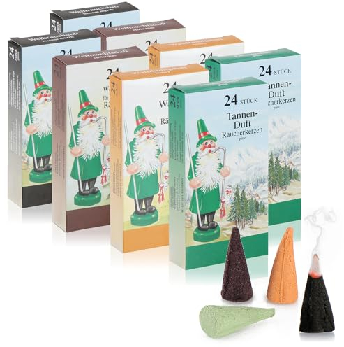 com-four® 192x Räucherkerzen - Duftkegel in 4 weihnachtlichen Nuancen - Räucherstäbchen für Advent und Weihnachten - erzgebirgische Räucher-Hütchen mit Weihnachtsduft (0192 Stück)