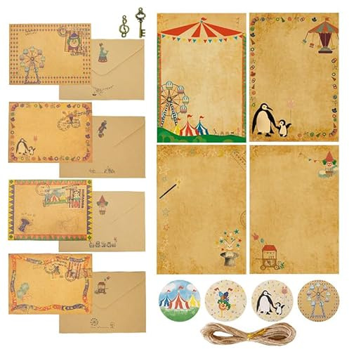Vintage-Schreibpapier und Umschläge, Set enthält 24 Blatt Zirkus-Themenkraftpapier, 12 Umschläge, 12 Siegelaufkleber, 12 Retro-Accessoires und 10 m Seil für Festivals, Veranstaltungen