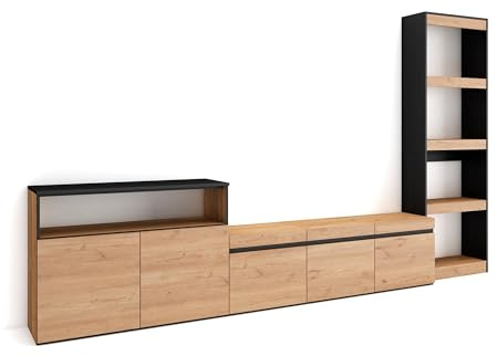 Skraut Home | Wohnwand Wohnzimmer | Wohnzimmermöbel, Möbelset | 310x186x35cm | Für TV-Geräte bis zu 65 | Wohnzimmer Möbel | Moderner Stil | Eiche Schwarz