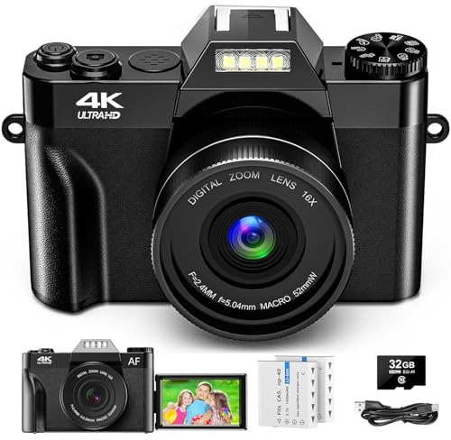 Digitalkamera, 56MP 4K Fotokamera mit 180° Flip 3.0 Bildschirm, 16X Autofokus Kompaktkamera mit 32G SD Karte& Zwei 1500mAh Batterien für Kinder Erwachsene Ältere Anfänger