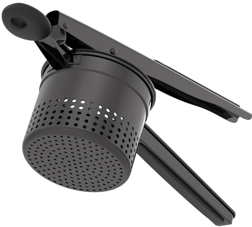 GloTika Large 15oz Potato Ricer, Heavy Duty Stainless Steel Ricer for Mashed Potatoes, Sweet Potato Masher Kitchen Tool with Ergonomic Handle, Press and Mash Kitchen Gadget, All Black