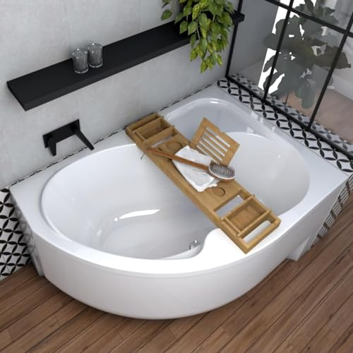 ECOLAM Baignoire d'angle en acrylique asymétrique Wela 170x100 cm droite + tablier en acrylique | Planche en bambou | Pieds siphon silicone Set complet