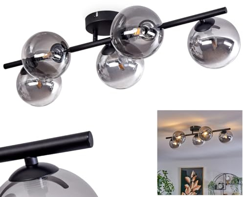HOFSTEIN Deckenleuchte Chehalis, 5-flammige Deckenlampe aus Metall/Glas in Schwarz/Rauchfarben/Klar, Leuchte im Retro/Vintage-Design, Ø Schirme 12 cm, G9, Esszimmer, Schlafzimmer, Wohnzimmer, Küche