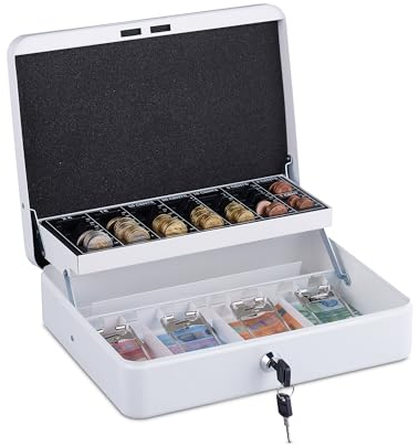 Relaxdays Caisse à Monnaie, Fer, verrouillable, pour Vos pièces et Billets, H x L x P : 8,5 x 30,5 x 24,5 cm, Blanche