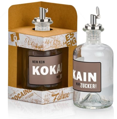 Zuckerstreuer aus Glas NEIN KEIN KOKA!N-NUR ZUCKER! mit Geschenkbox u. Edelstahl Ausgiesser leer Pastellbraun