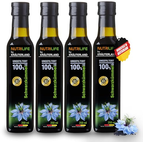 NUTRILIFE by Kräuterland Schwarzkümmelöl 4x250ml (1Liter), ungefiltert, kaltgepresst, ohne Zusatz von Aromen, Frabstoffe & Konservierungsstoffe, reich an Thymochinon, täglich mühlenfrisch