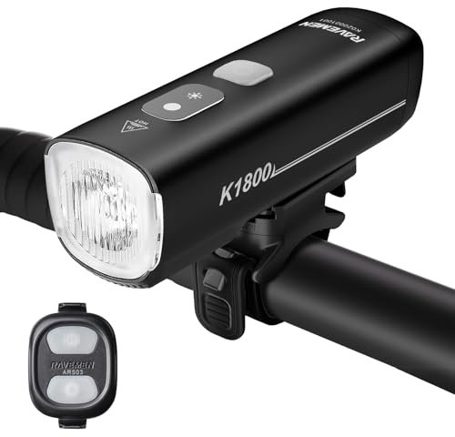 RAVEMEN 1800 Lúmenes Inteligente Faros Delanteros para Bicicleta, K1800 Modo de Conducción Inteligente Diurno y Nocturno Que Ajusta Automáticamente el Brillo, Carga y Descarga USB-C