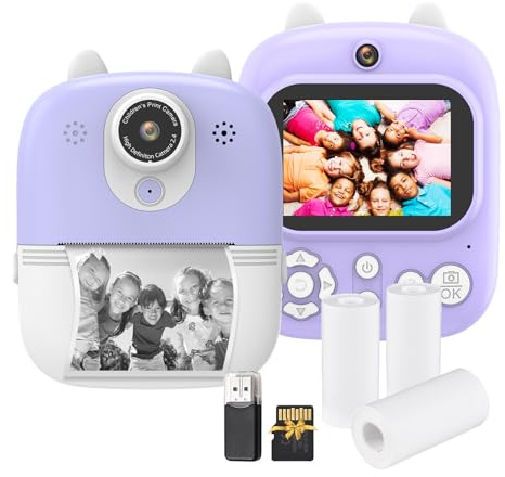 Andoer Cámara infantil instantánea, cámara digital 1080P para niños con tarjeta TF de 32 GB, cámara instantánea de 2,4 pulgadas, con 3 rollos de papel de impresión térmica, regalo para niños de 3 a 12