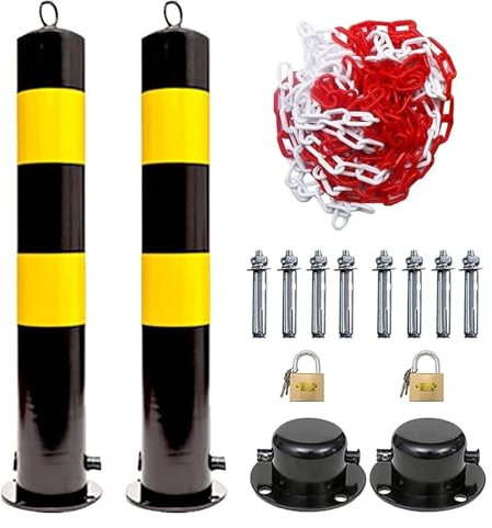 Yoeoefuo Poller Parkplatzsperre Absperrsäule 2 Stück Set Stahlpoller Hindernispfosten Hoch 55cm Mit Kette Mit Vorhängeschloss Absperrpfosten Parkplatzblockade Parkbarriere Parkplatz Schranke