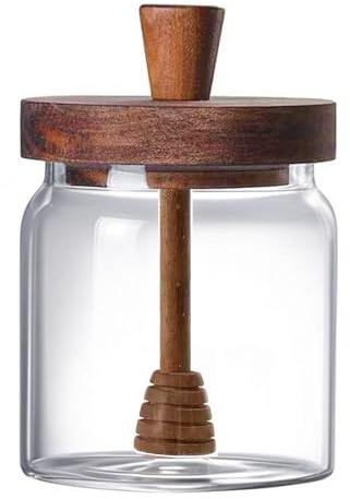hiwafifi Honigtopf aus Glas mit Dipper und Deckel, 400 ml, luftdichtes Honigglas mit Deckel aus Akazienholz, Kaffeesirupspender, Honigtopfbehälter, Heimküchengeschenke für Kaffeebarzubehör