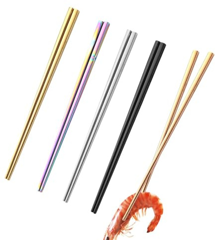 Bacchette In Acciaio Inossidabile, Set Di Bacchette In Acciaio Inossidabile - Set Di Stoviglie Cinesi Coreane Giapponesi Antiscivolo Da 5 Paia - Bacchette In Metallo Lavabili In