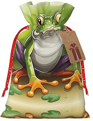 HJLUUFT Jutebeutel mit Cartoon-Frosch-Druck, Weihnachtsgeschenktasche mit Kordelzug und Geschenkanhänger, für Hochzeit, Weihnachten, Party
