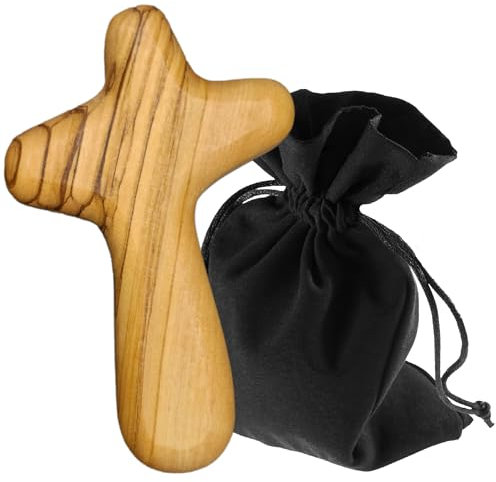 Lunexus Croce di consolazione 10 cm – Croce a mano – Beato & consacrato – Legno d'ulivo in Betlemme – Croce di preghiera per guarigione, conforto, pellegrinaggio, comunione, cresima, battesimo