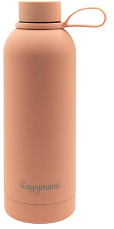 HappyMami, Termo Liquidos Bebe 500ml,Botella Acero Inoxidable, Cierre Hermético con Rosca, Incluye Asa para Transporte, Doble Pared Interna para Mantener Temperatura (Naranja Coral)