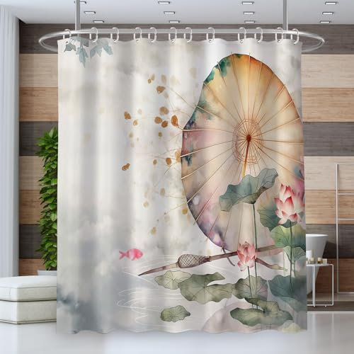 Cortina de Ducha Antimoho Tela Impermeable,Cortina Ducha 180 * 180cm,Cortina Baño,Cortinas de Baño para Bañera o Ducha,Lavable con Agua,Paraguas De Papel Pez Loto Hoja De Loto