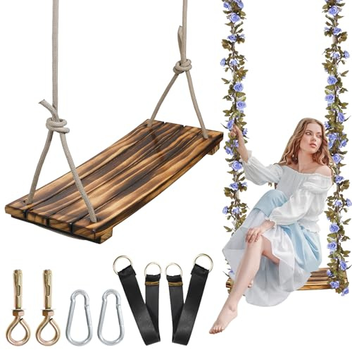 FOKOL 2026 Upgraded Large Wooden Swing Seat, 24x 8, Hanging Tree Swing for Adults & Kids, 500lbs Load, Adjustable Nylon Rope & Tree Straps, Indoor/Outdoor Swings with Purple Floral Garland