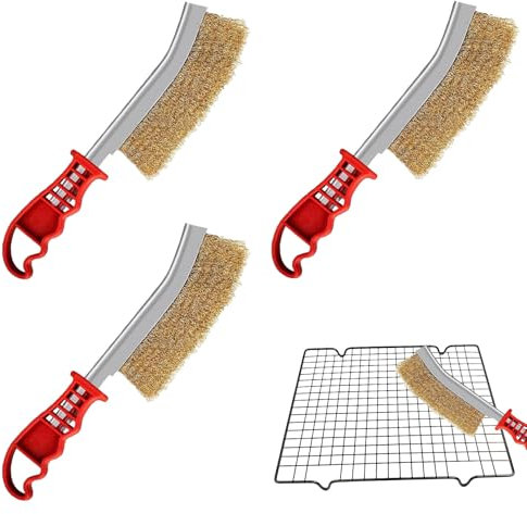 3 spazzole in ottone, spazzola per barbecue in ottone, set di spazzole in acciaio inox, spazzola a filo manuale, con manico in plastica curvo per la pulizia di scorie di sudore e residui di griglia.