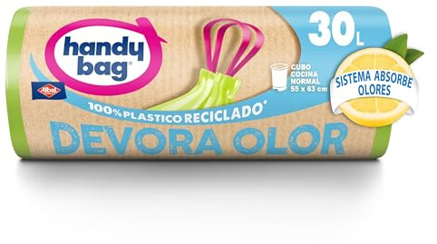 Handy Bag Bolsas de basura Devora Olor - Bolsas para cubo de basura de cocina, con sistema de absorción de olores y aroma a limón, antigoteo y con triple capa, 100% plástico reciclado, 30L, 12 bolsas