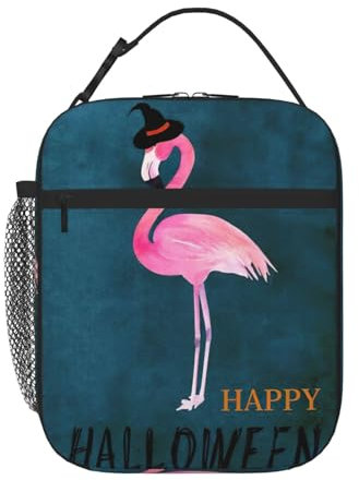 JEJEA Bolsa de almuerzo con estampado de sombrero de bruja de flamenco de Halloween para mujeres, hombres y adultos, lonchera con bolsillo frontal
