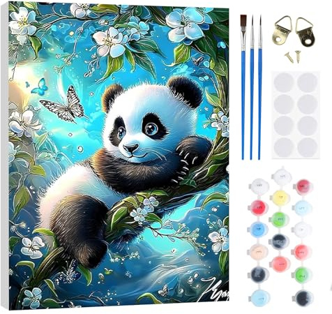 RICUVED Panda Peinture par Numéros Kit 20x30cm pour Débutants avec Cadre en Bois –Animaux Peinture Par Numéros Pour Adulte Enfants Kit DIY Pinceaux, Peintures Décoration Murale