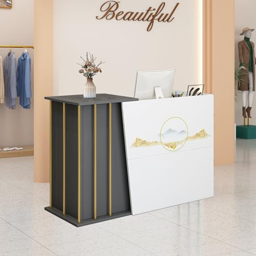 HGTRH Empfangstheke Holzoptik, Empfangstresen mit Schreibtisch, Empfangstheke Salon Kosmetikstudio 100cm,120cm, 140cm Rezeption Tisch Verkaufstheke Ladentheke Tresen Grey 100cm