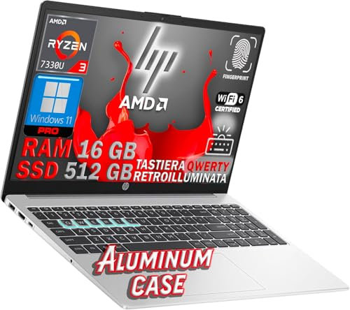 HP 255 G10 Notebook portatile Silver, AMD Ryzen 3 7330 4 core 4.3 Gghz, RAM 16GB, SSD PCi 512GB, display FHD 15.6, Tastiera retroilluminata, Fingerprint, Wi-fi 6, usb, Win 11 Pro, COVER ALLUMINIO SLIM