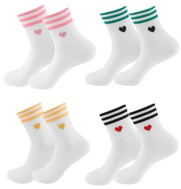 Alfven Tennissocken Damen, 4 Paar 36-42 Sportsocken Baumwolle Herzsocken Weiß Socken mit Herz Streifen Motiv für Tennis Lauf Sport, Lustige Geschenke für Frauen