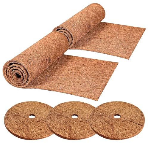 2 Rollen Kokosfasermatte, Kokosfasern Pad 100*30cm/Rolle + 3 Stück 30cm Kokosscheibe Natürliche Kokosmatte Winterschutz für Pflanzen, Kokosnuss Disc für Topfpflanzen Frostschutz Pflanzen Kokosmatten