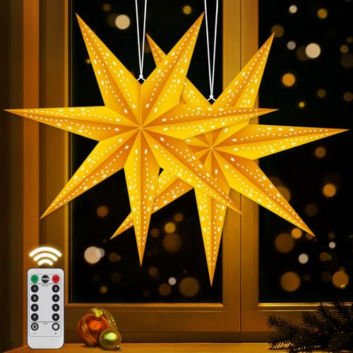 Etoile Lumineuse a Suspendre LED 60 cm Lot de 2, Étoile Sapin Noël Etoile Papier Lumineuse a Suspendre à Télécommande pour Décoration Sapin de Noel, Fenetre, Plafond, Déco Noel Intérieur Maison, Blanc