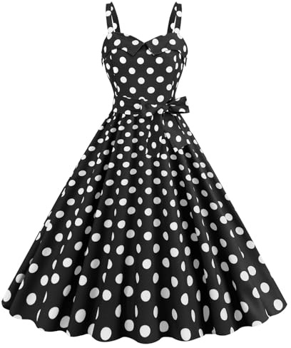 Robe Année 60 Femme Sexy Col V sans Manche Retro Robe Style 1950's Audrey Hepburn Rockabilly Elegante Polka Dot Trapèze Vintage Robes Swing Robe De Bal Fête Cérémonie Mi Longue