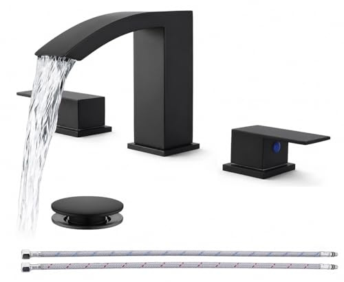 Friho Matte Black Bathroom Faucets 3 Hole, 8 Inch Widespread 2 Handle Square Waterfall Bathroom Sink Faucets with Pop-up Drain and Supply Lines, Vanity Faucet Suitable for Lavatory Restroom RV